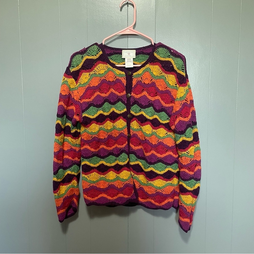 Susan Bristol Vintage Stripe Knit Cardigan Purple Yellow Orange Small